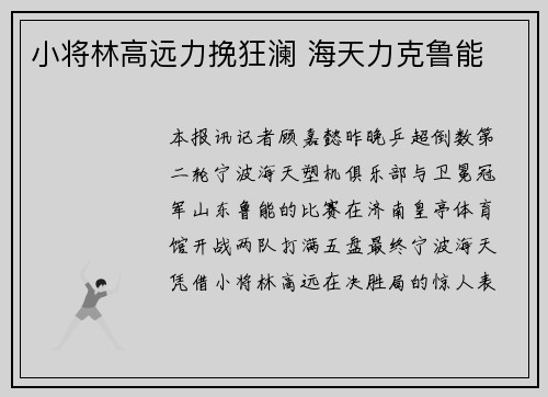 小将林高远力挽狂澜 海天力克鲁能